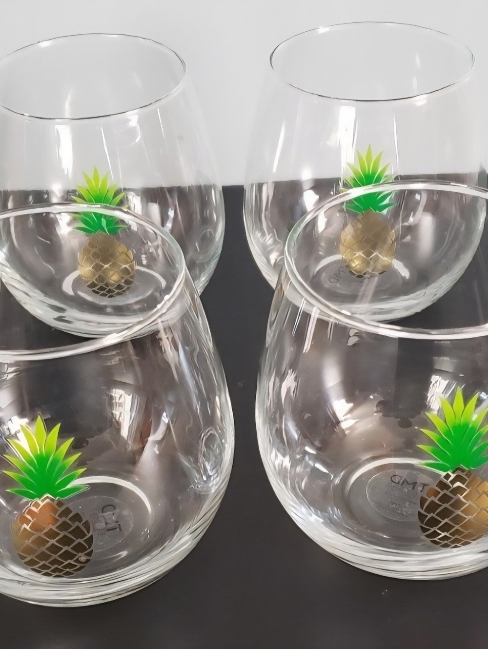 Pineapple Print  Glasses Metallic Gold+ Green UNUSED Set of 4